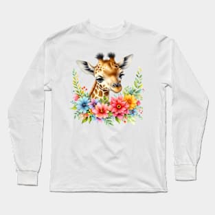 A baby giraffe decorated with beautiful colorful flowers. Long Sleeve T-Shirt